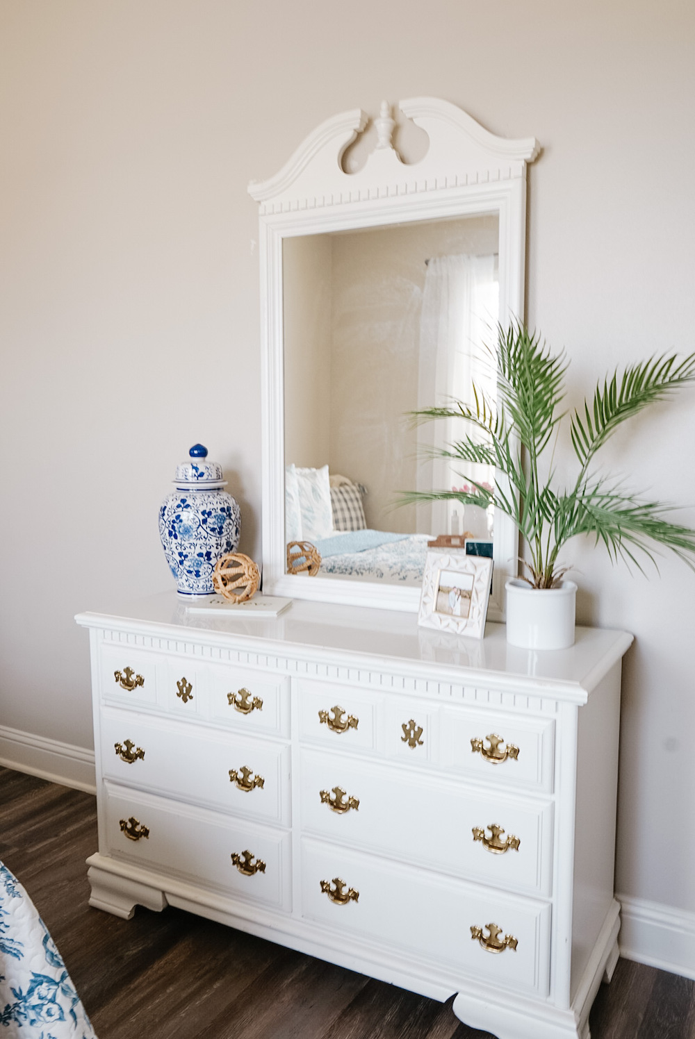 bedroom dresser, mirror and decor
