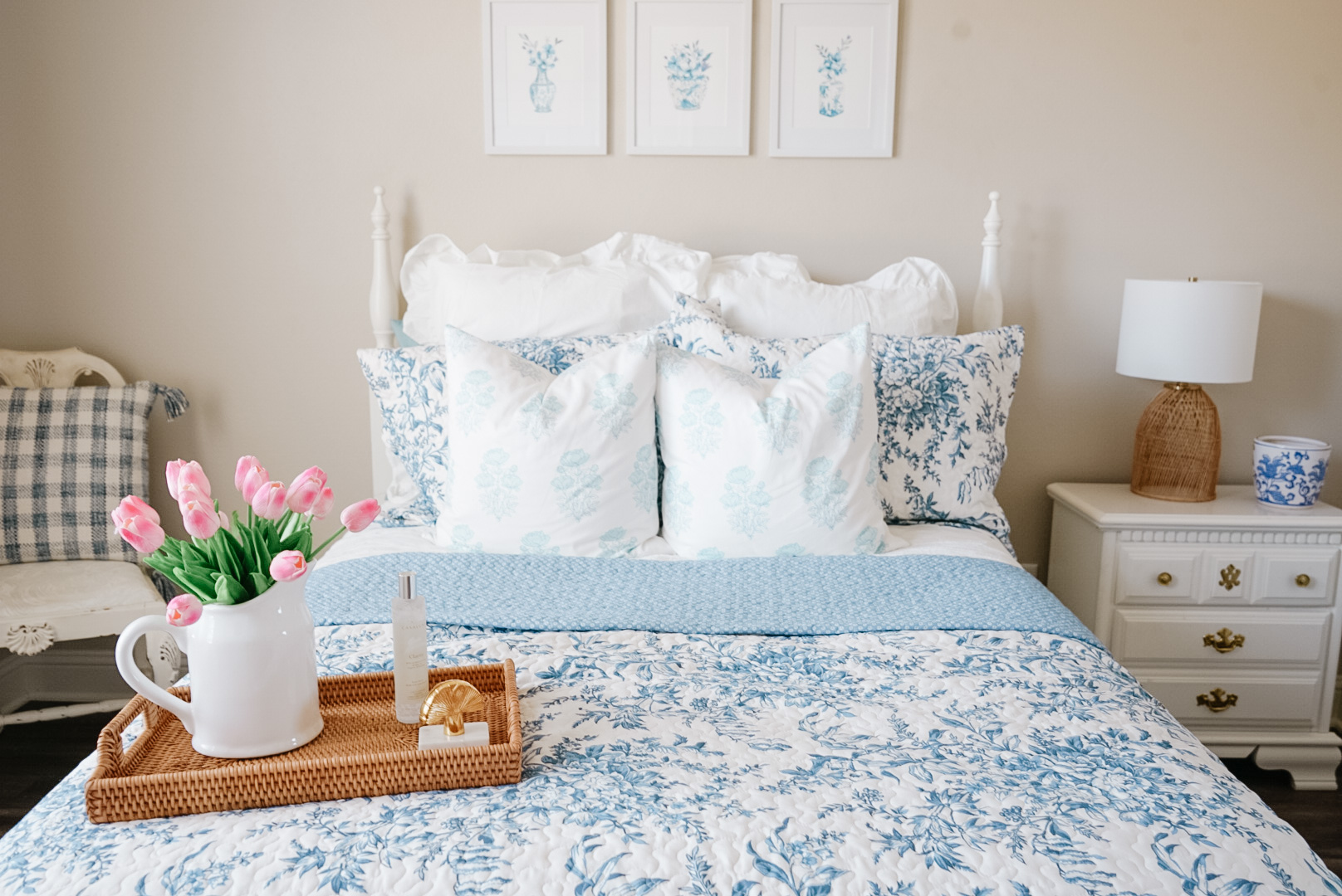 blue and white bedroom pillows and bed tray