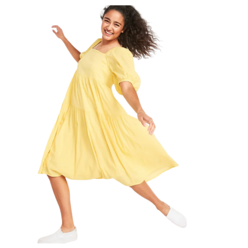 yellow puff sleeve old navy midi dress summer fashion