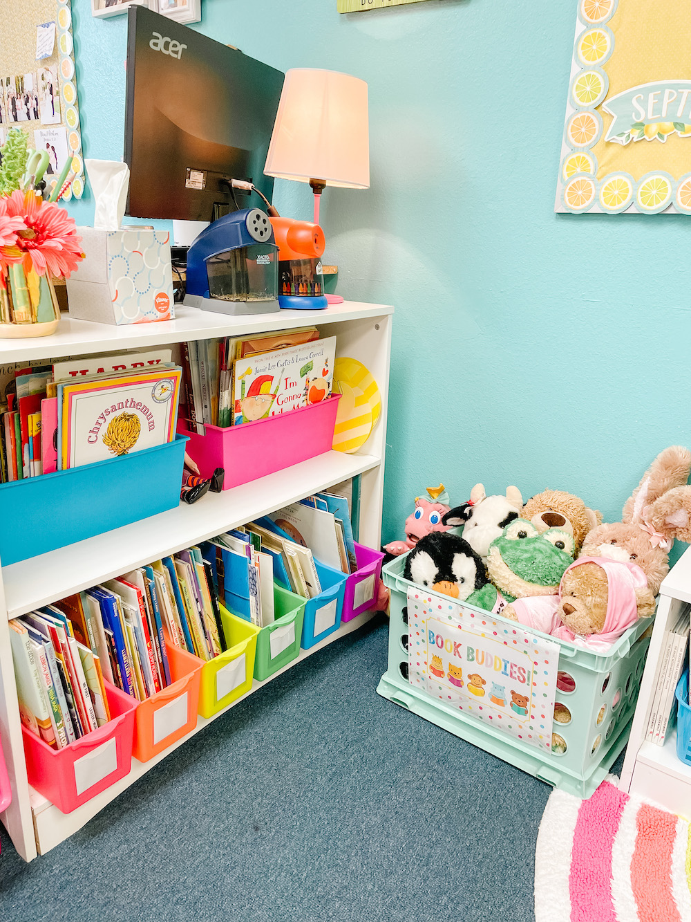 Kindergarten classroom rainbow reading corner books