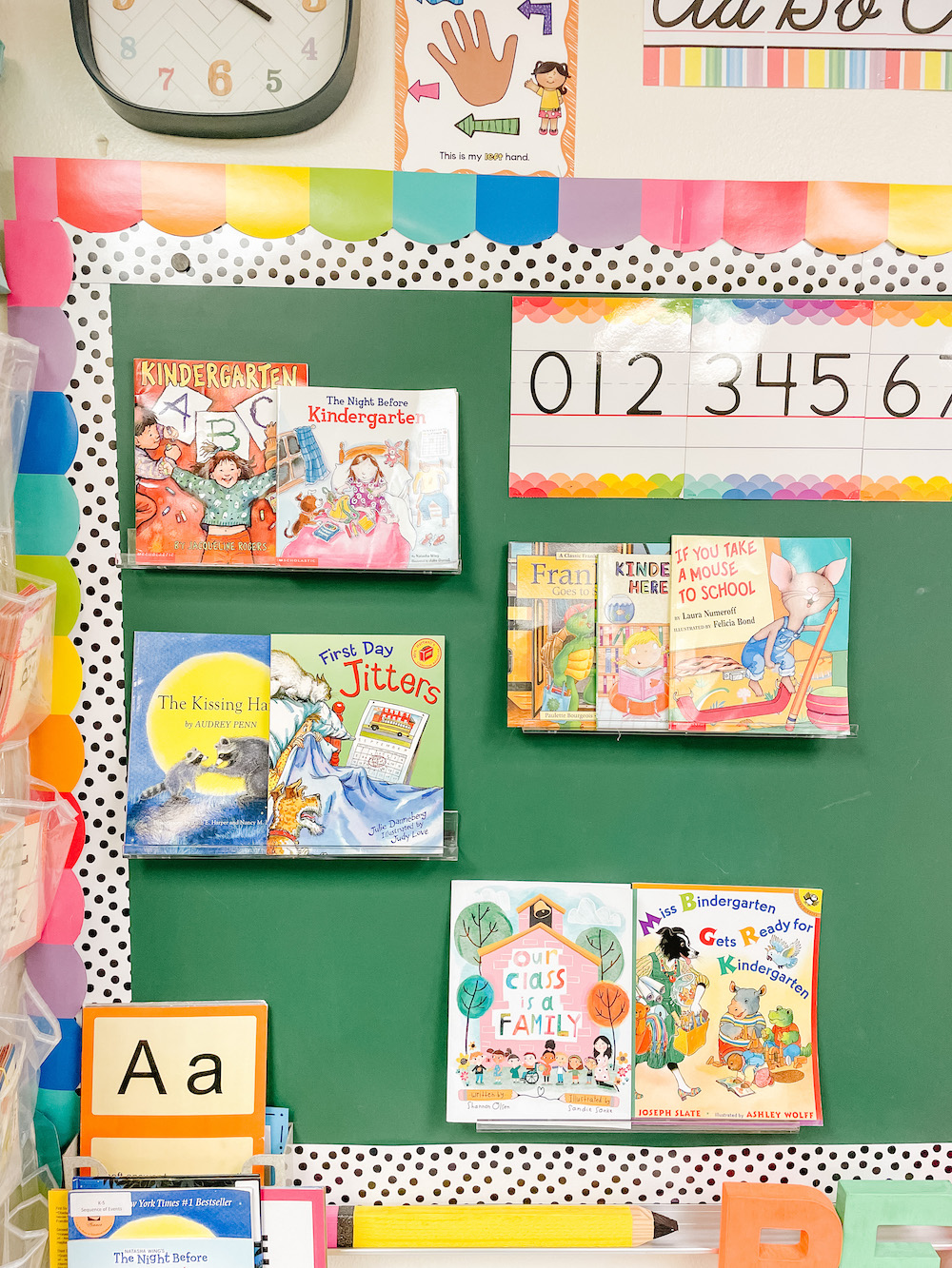 Kindergarten classroom chalkboard book display rainbow